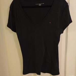 Womens Size Large Tommy Hilfiger Black Fitted Cap Sleeve Tee NWOT